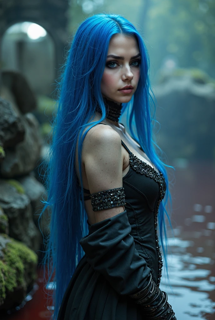 (A peaceful retreat perched precariously on a mountain cliff, shrouded in mist:1.3), (A mesmerizing woman crafted from black metal:1.2), (her silhouette sleek and formidable, with a surface that catches the light with a subtle, enchanting luster), (features finely wrought, suggesting both strength and elegance, her presence commanding yet ethereally graceful) (with extremely long flowing Electric Blue hair, wearing Ripped sweater and layered necklaces:1.2), (quest to recover a mystical artifact from a sunken temple:1.3), UHD, 4k, anime, highly detailed face, cinematic, hyper realistic