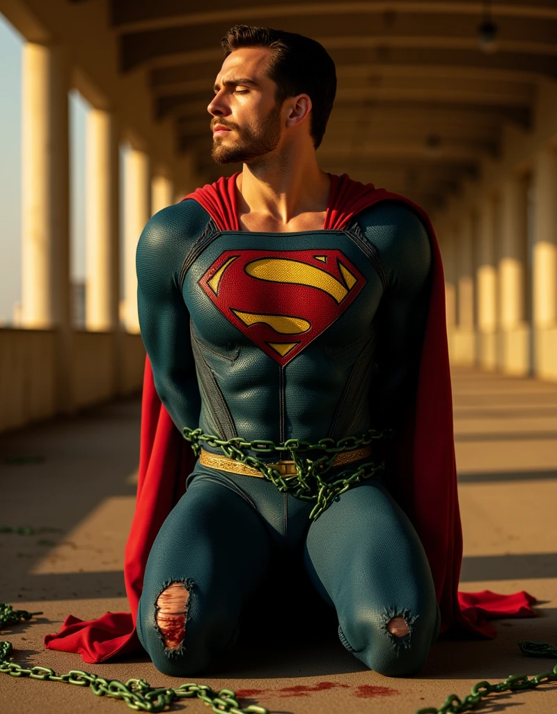 (Nicholas Alexander Chavez in a Superman suit:1.8), (Superman suit Torn:1.8), Ripped, Man in Tight Superman suit, with his mouth slightly open and his eyes closed, (((Muscular, Fit, Nicholas Alexander Chavez in a Superman suit))), (Bloodstain on Cheek and lips), Wearing a Superman suit, (((Big Arms, Toned Chest, Muscular, ))), (((Ripped Six-Pack))), (((Body Tied with green glowing chains))), (((short beard, Short-Haired Man))), (((Muscular thighs, Big Torso))), (((Handsome, Fit Body))), ((Short Hairstyle))), Kneeling with pain expression, (((Arms Behind Back))), The scene is bathed in the warm golden light of the sun in an abandoned warehouse