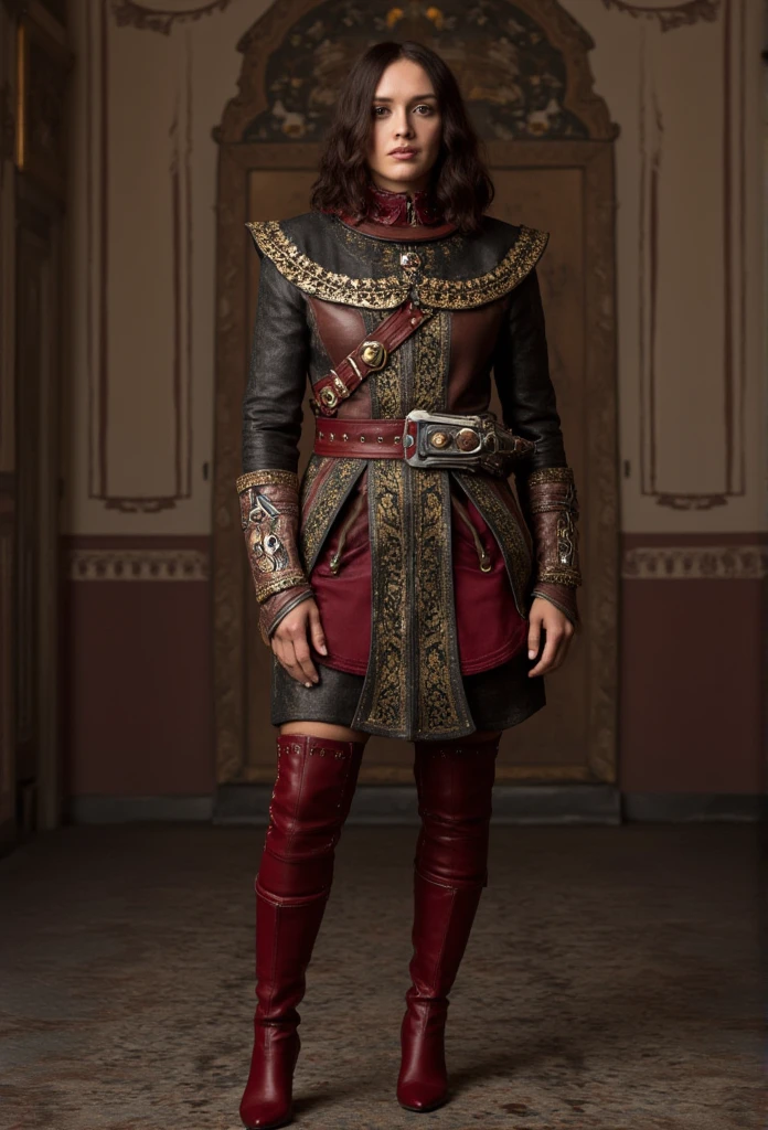 Full-body Olivia Cooke wearing the costume of Ezio from Assassin's Creed 2 in a game-inspired pose