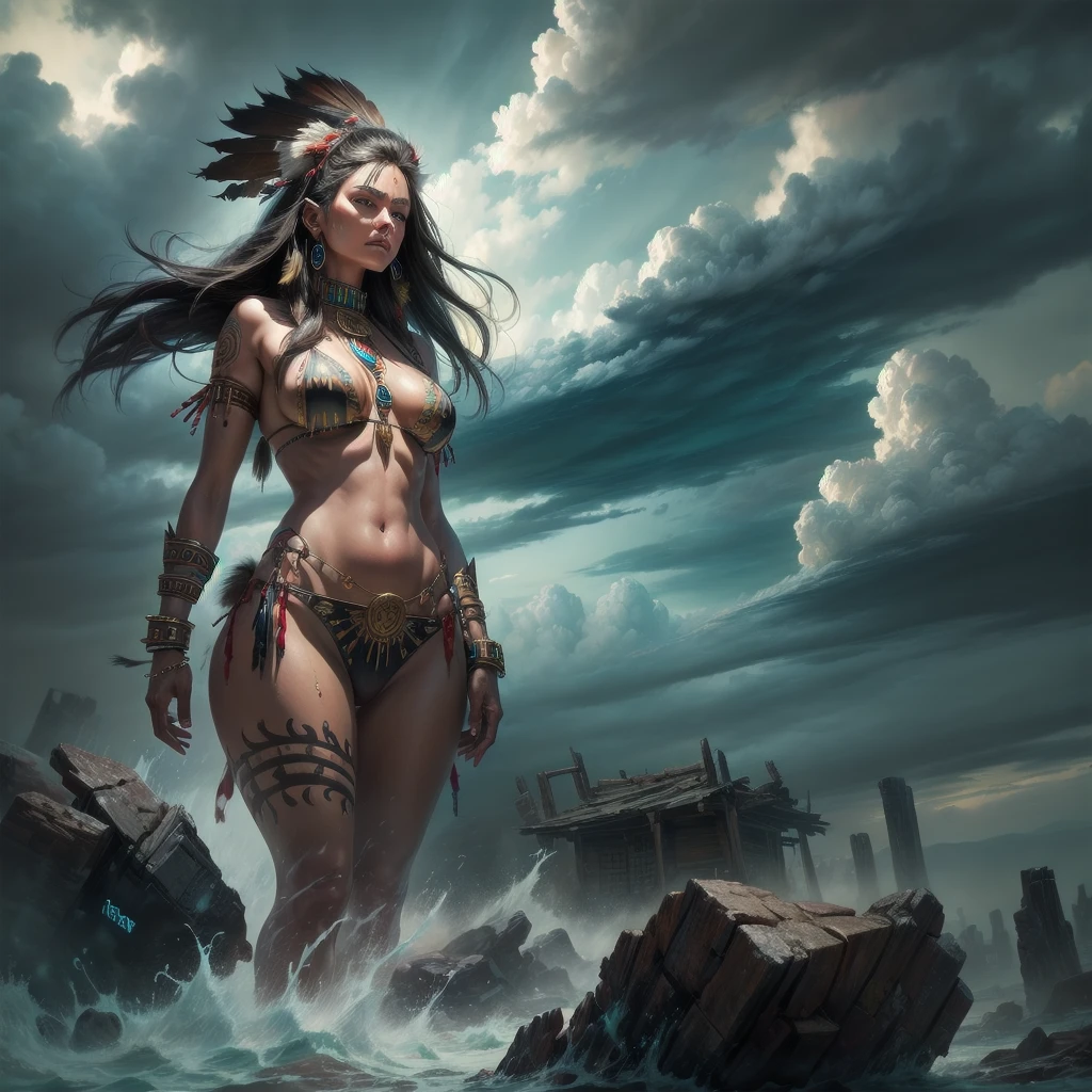 ((Tribal maiden)) woman,amidst the remnants of an ancient civilization, facing a turbulent storm, swirling clouds, dynamic composition, painterly details, fantasy realism, captivating and dark ambiance."bikini