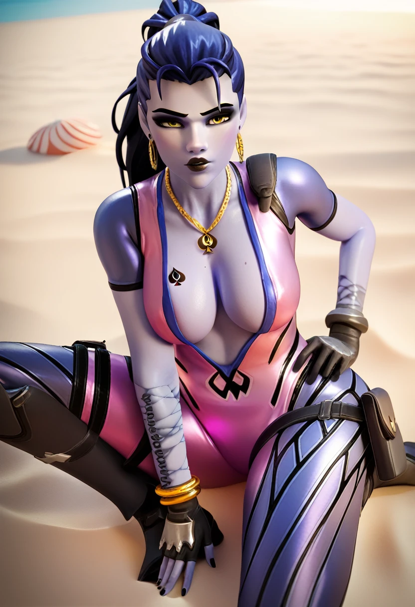 1 girl, Sombra from overwatch, (dark skinned:1.2), naked, beach background, (extremely detailed:1.1), blowjobing a (white boy cock:1.1).