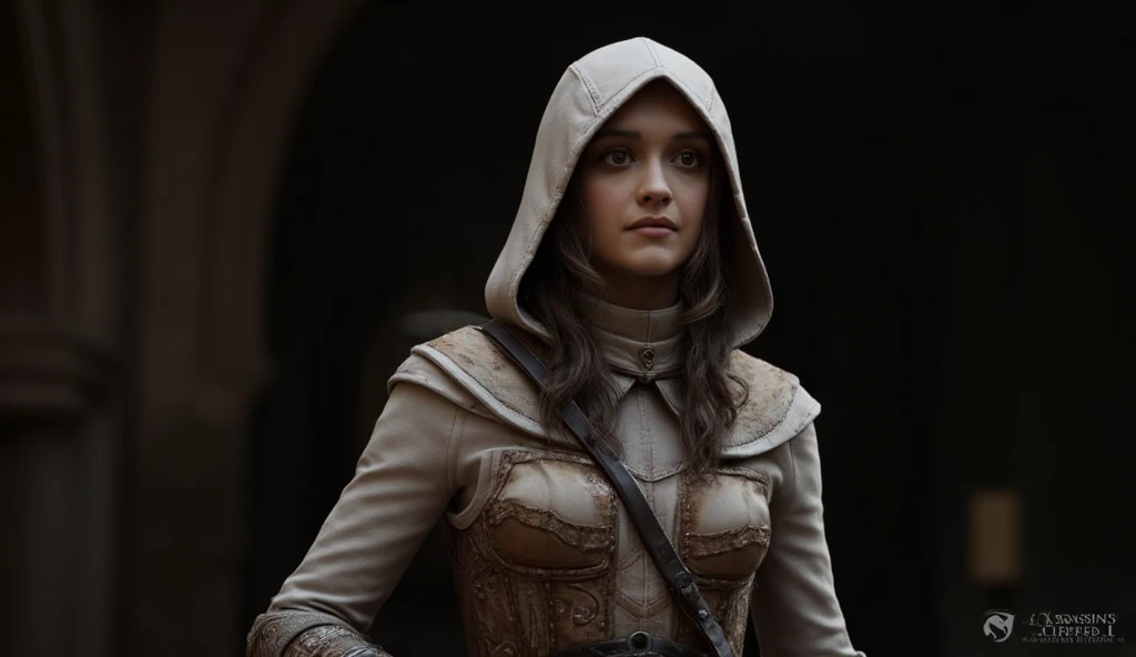 Olivia Cooke wearing the costume of Ezio from Assassin's Creed 2