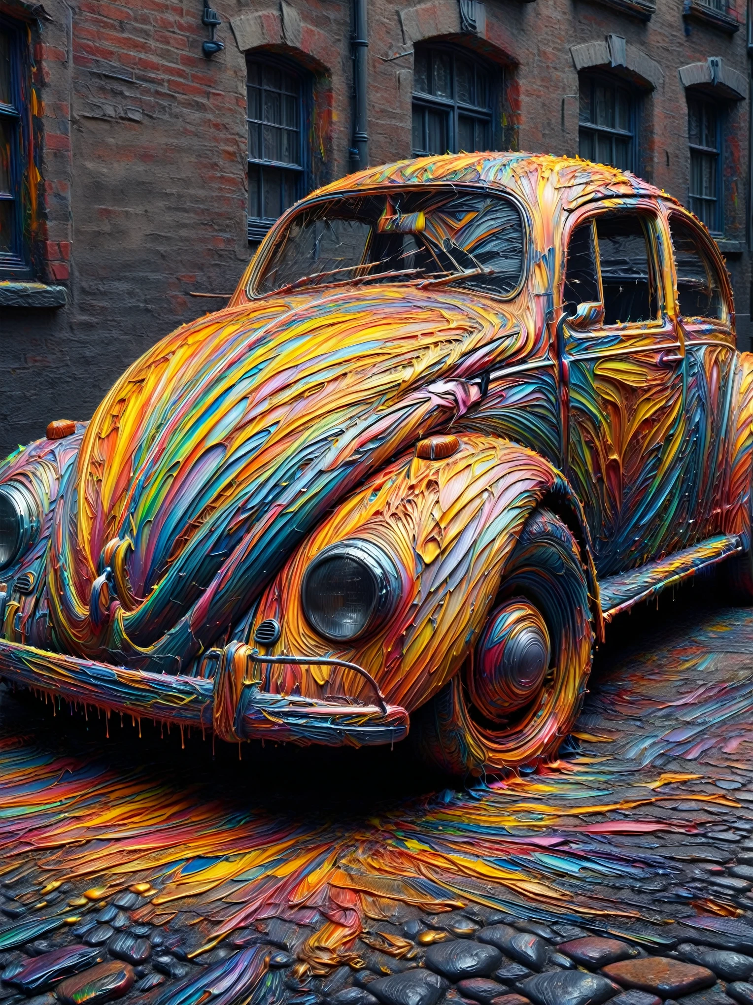 1950s classic VW Beetle car covered in iridescent rainbow oil paint, parked on a cobblestone street, intricate detailed car body, hyperrealistic, photorealistic, dramatic lighting, vibrant colors, depth of field, ultra-detailed, cinematic, masterpiece