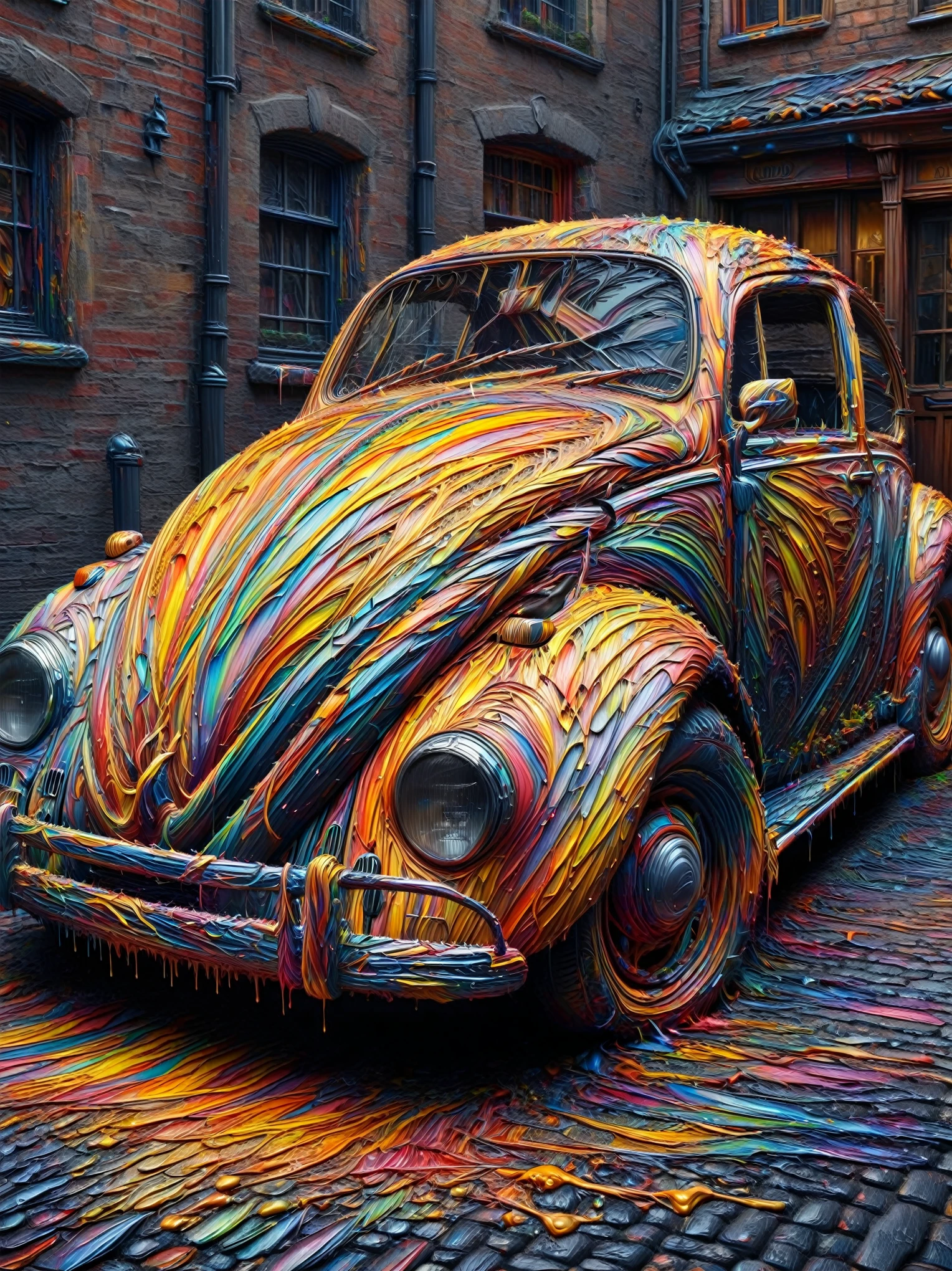 1950s classic VW Beetle car covered in iridescent rainbow oil paint, parked on a cobblestone street, intricate detailed car body, hyperrealistic, photorealistic, dramatic lighting, vibrant colors, depth of field, ultra-detailed, cinematic, masterpiece