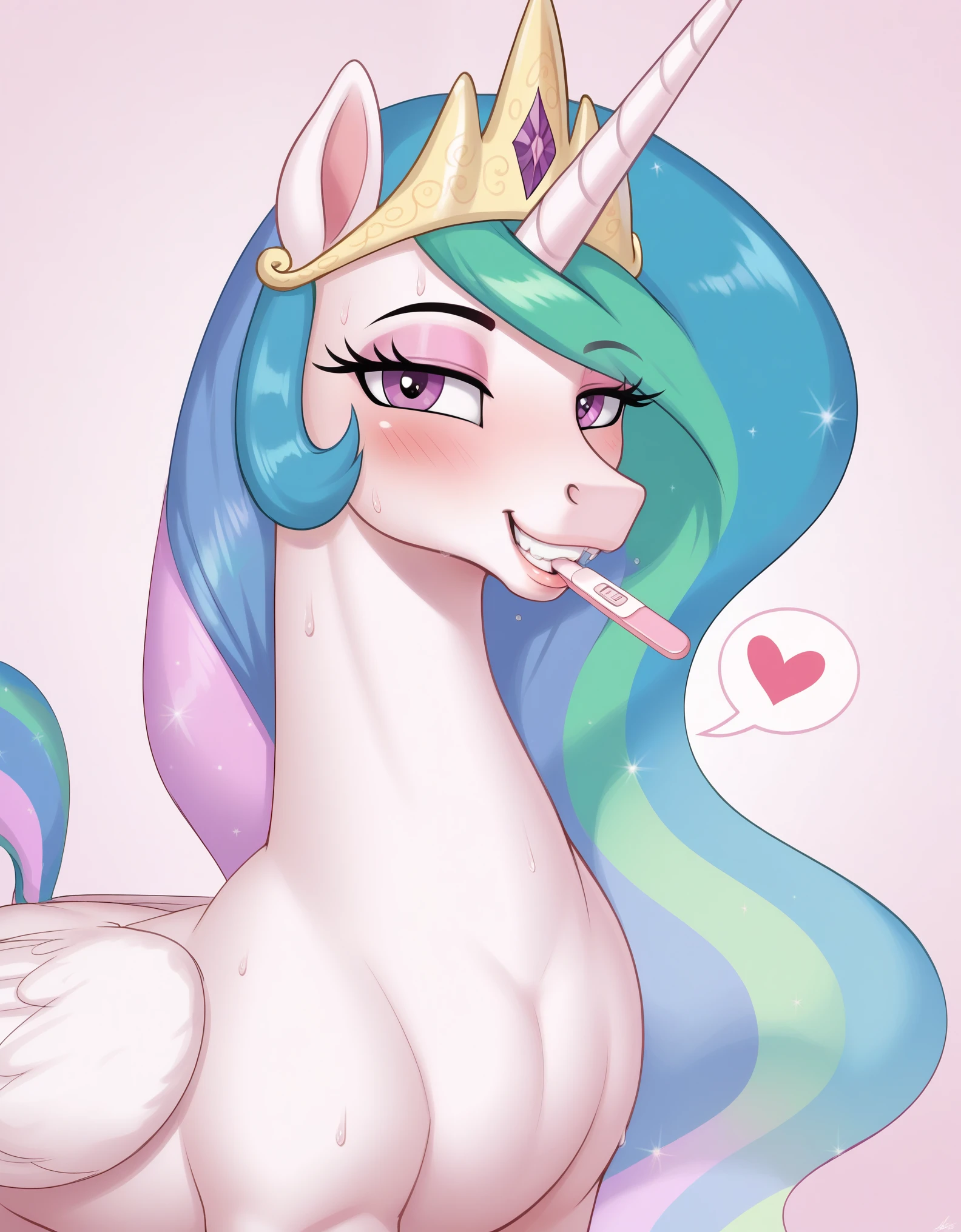 1female horse, feminine, background, blush, feminine, (solo), nude, (sweat), horse tail, feral horse, animal,  long mane, in heat, raised tail, feral celestia, (princess celestia), (alicorn), long mane, large expressive eyes, eyeshadow, (feral horse:1.4), (mature horse), bedroom-eyes, (equine face:1.2), horse face, (adult feral celestia), smile, teeth, holding pregnancy test in mouth between teeth, grin, face focus, spoken heart, glancing up at viewer, proud, smug,