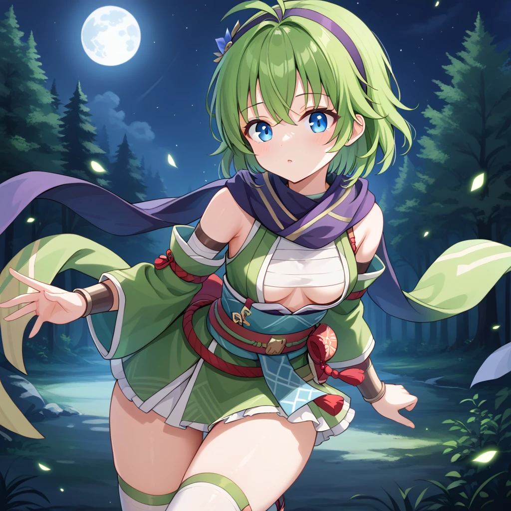 score_9, score_8_up

(masterpiece), best quality, expressive eyes, perfect face, perfect thighs, perfect anatomy, perfect breasts, perfect eyes, medium breasts, perfect thighs, perfect hips,

ninoss, blue eyes, green hair, short hair, antenna hair, purple hairband, hair ornament, forest background, night sky, moon, light wind, light air, turning back


ninja clotches, shinobi clothes, shinobi kozoku, short skirt kimono, green kimono, sleveless top, mini skirt, Headwear, blue scarf, Waist Cummerbund, Belt, Shorts, Socks, Legwear, Arm belt, Bracers, Bandage, Belt