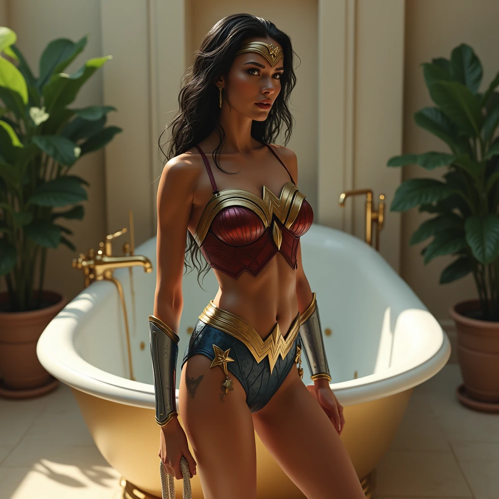 a fit woman in bodysuit, enormous breast, realistic, detailed, hyperrealistic, Hero pose, Standing next to beautiful waterfall and pool inside ancient temple, 1girl, high detailed, 8k, cameltoe, , , wonder woman, gal gadot, (full body:1.5)