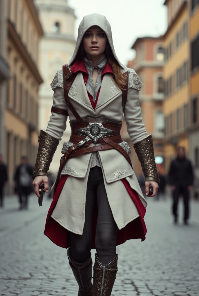 Full-body Olivia Cooke walking wearing Ezio's costume from Assassin's Creed 2