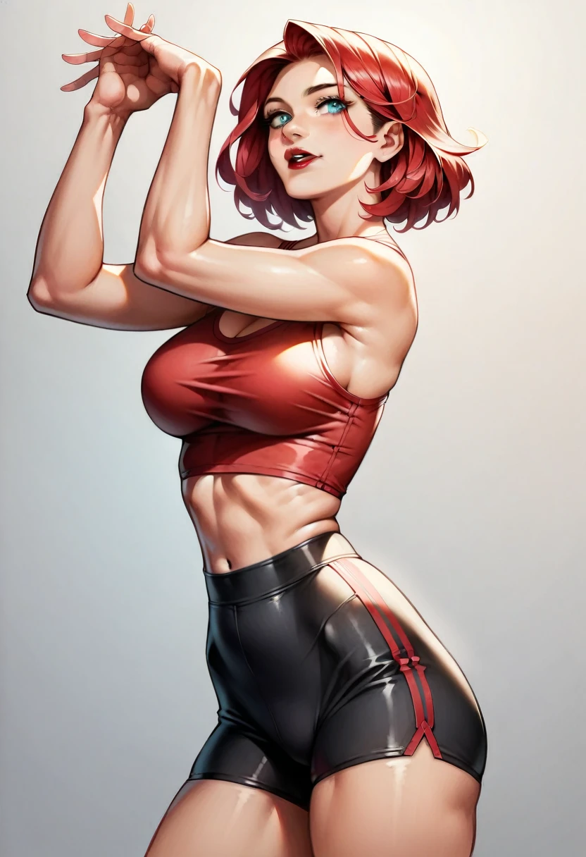 (masterpiece, best quality:1.2), extremely detailed, detailed hair, intricate details, finely detailed, soft lighting, volumetric lighting, mature female, 1girl, solo, looking at viewer, upper body,close up , (arms behind head, arms up ), sitting , muscular, muscular female, abs, thick thighs, medium , (open clothes, off shoulder, bodycon, dress) , (messy hair,hair over eyes, hair pulled back , red hair ),, surprised , sweat,, blush ,freckles, , lipstick, makeup A stark, futuristic cityscape with sleek, towering buildings and glowing lights, <lora:ChinbotsuV1LOL-000004:1>,
