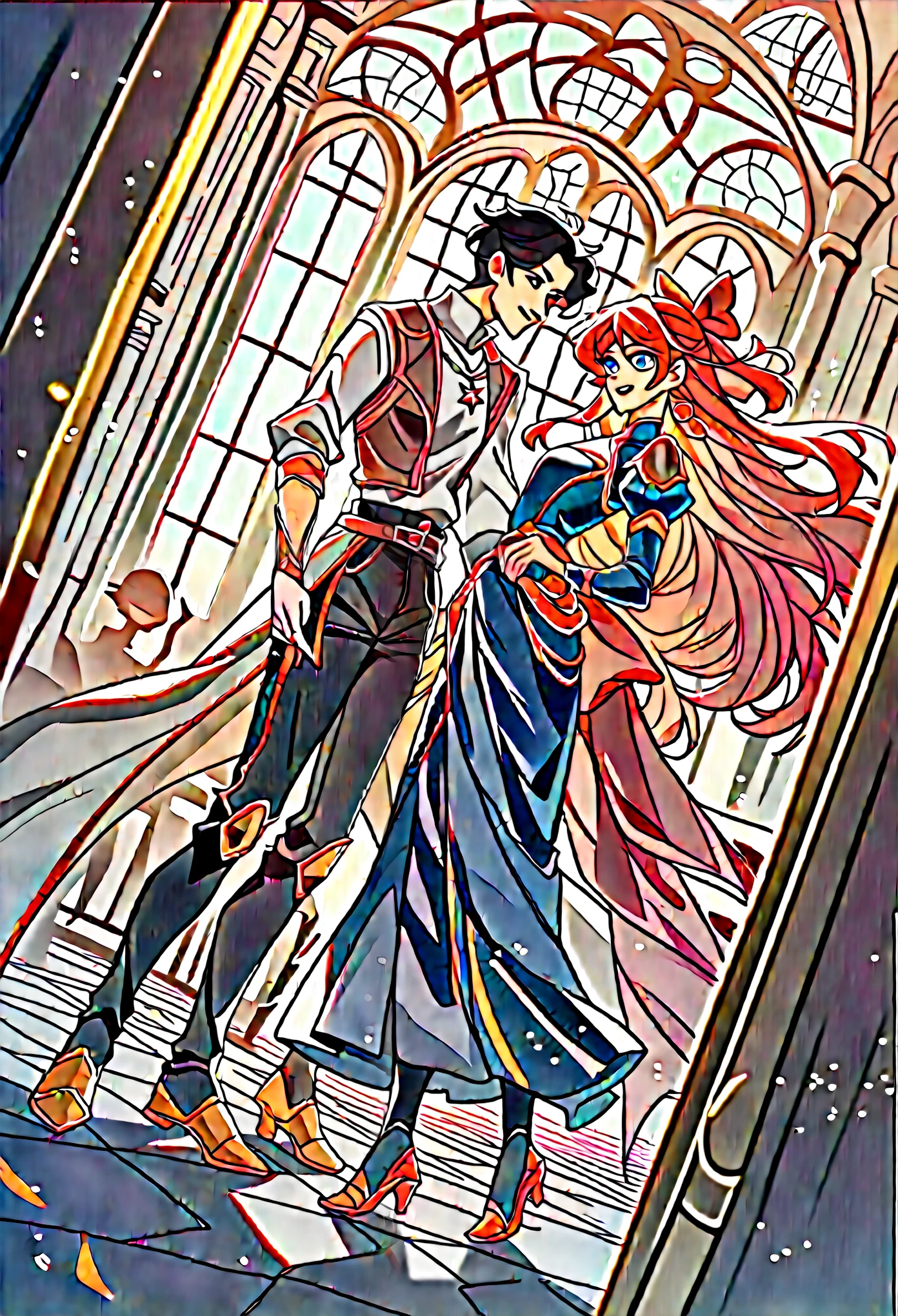 tarot card, a card, card : "THE LOVERS", tarot card frame,vivid colors (art inspired by Bill Sienkiewicz).