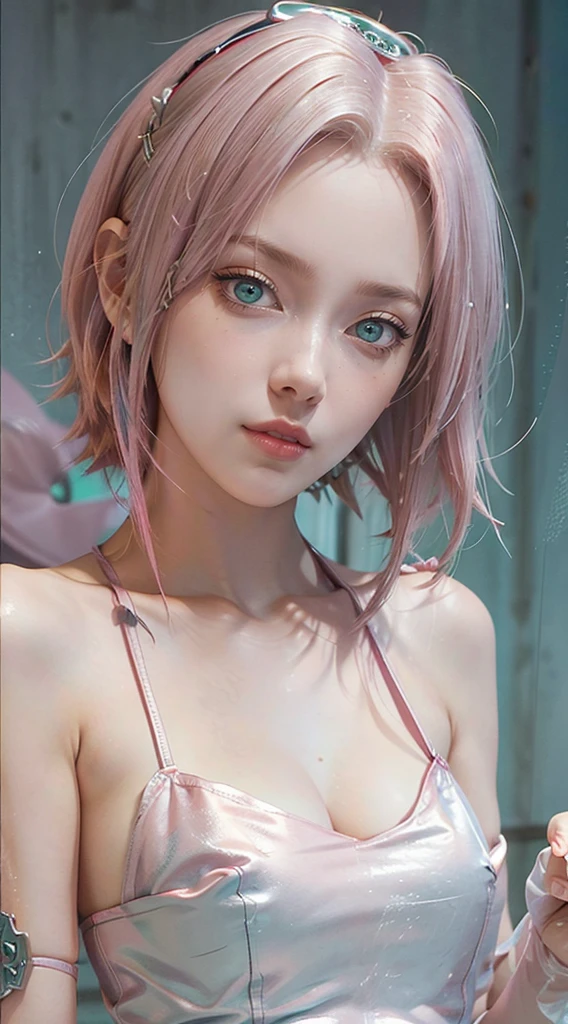 best quality, ultra high res, (photorealistic:1.4), (detailed beautiful girl:1.4), (medium breasts:0.8), looking_at_viewer, Detailed facial details, beautiful detailed eyes,pink hair, blue eyes, slender, haunting smile, (makeup:0.3), red lips, highly detai...