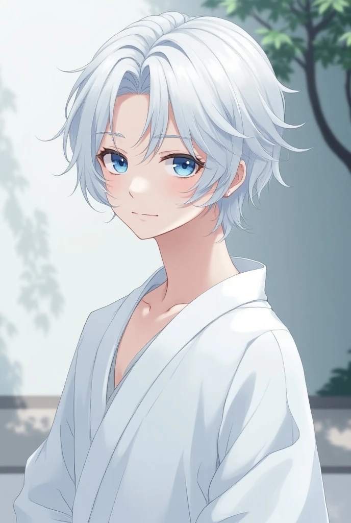 adult man, Short Hair Hair, Hedgehog hairstyle, white colored hair, white eyes, blind, visually impaired, musculature, Satisfied smile, blushful, Thin robe, After a shower, Hangs, Hot Man