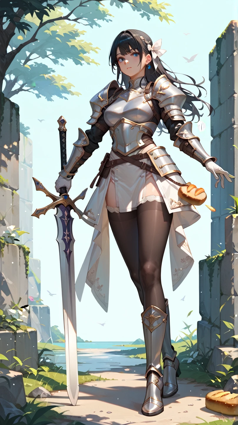 (masterpiece, top quality, best quality, official art, beautiful and aesthetic:1.2), (1girl:1.3), ((Sharp facial features, sharp features, hawkish features)), ((blue eyes)), busty brunette paladin knight girl, extremely detailed, portrait, looking at viewer, solo, (full body:0.6), detailed background, full-body shot, (warm mountain meadow theme:1.1), holy knight, (nun), charlatan, smirk, mysterious, swaying in mountains, armor, polished metal, gold trim, long boots, white fabric, stockings, robe, pale leather, ((((nun, greatsword, heavy armor, armored, long legs, pantyhose, toned, muscular)))), slim waist, slim hips, long legs, medieval (mountain exterior:1.1) background, dark mysterious lighting, shadows, magical atmosphere, dutch angle, ((cameltoe panty)), ((curvy))