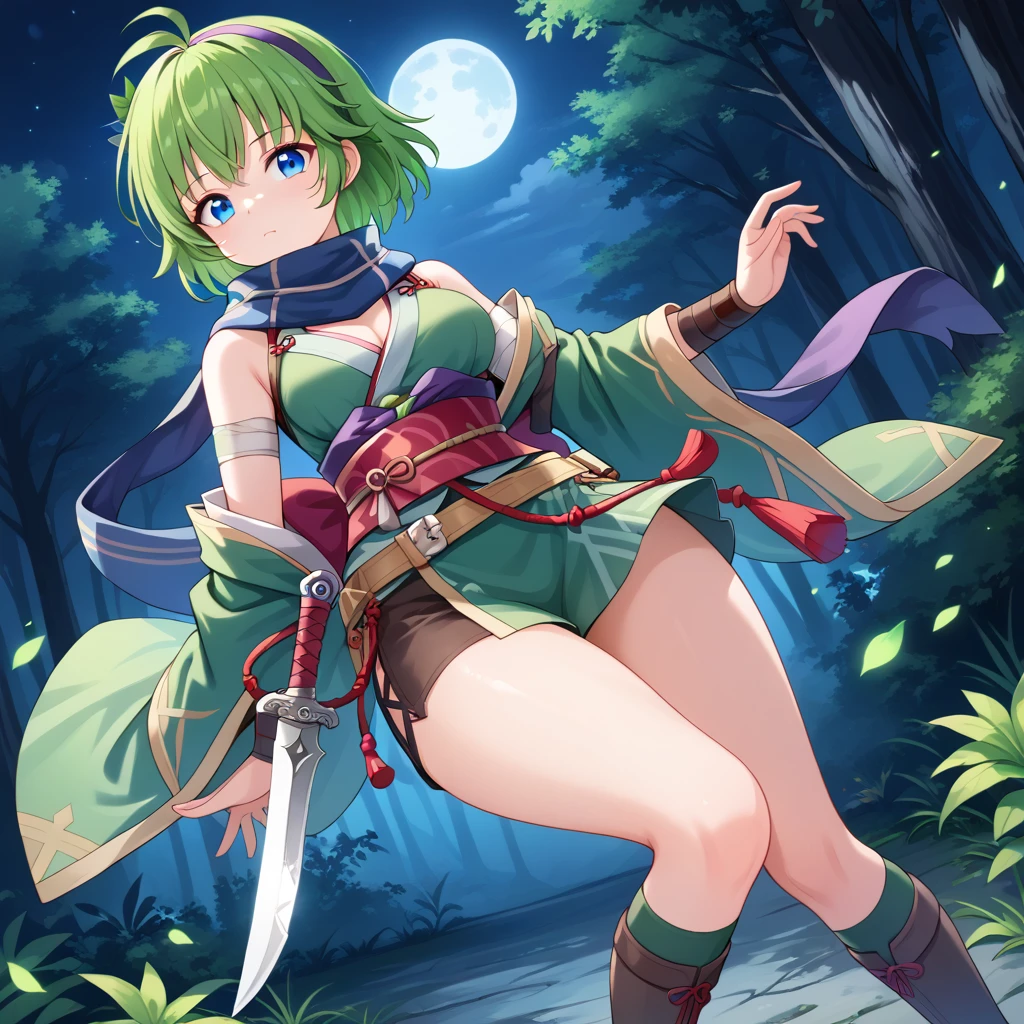 score_9, score_8_up

(masterpiece), best quality, expressive eyes, perfect face, perfect thighs, perfect anatomy, perfect breasts, perfect eyes, medium breasts, perfect thighs, perfect hips,

ninoss, blue eyes, green hair, short hair, antenna hair, purple hairband, hair ornament, forest background, night sky, moon, light wind, 


ninja clotches, shinobi clothes, shinobi kozoku, short skirt kimono, green kimono, sleveless top, mini skirt, Headwear, blue scarf, Waist Cummerbund, Belt, Shorts, Socks, Legwear, Arm belt, Bracers, Bandage, Belt, shonobi dagger, dagger on hips