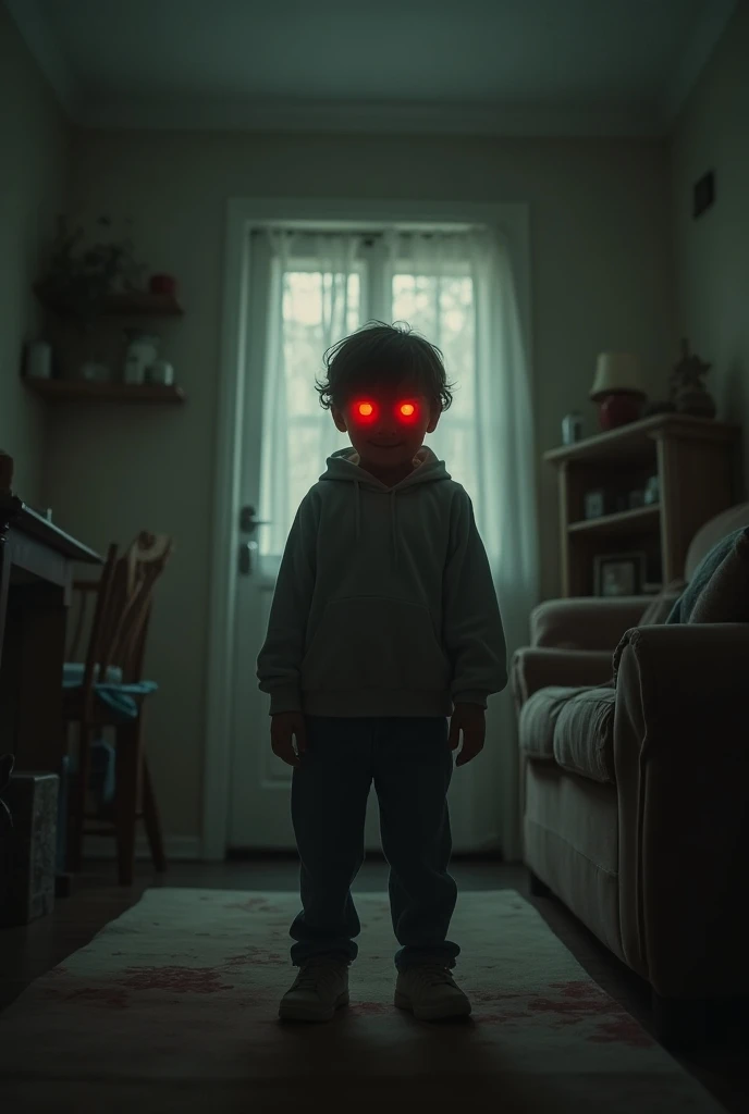 "A child’s silhouette, wearing a hauntingly blank mask, stands alone in the center of a dark, decrepit room. The background is blurred, with barely visible outlines of broken furniture and shattered windows, giving a sense of abandonment and isolation."