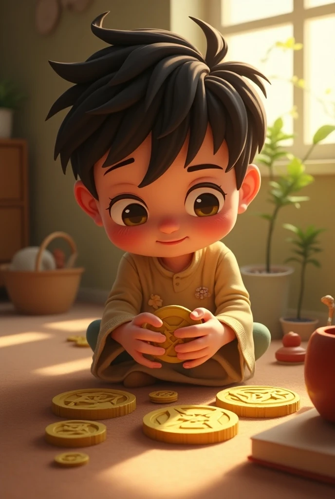 Cartoon little boy sitting on a leaf with a cane,fortune,sitting on a pile of gold coins,With many gold coins,The character art of Maple Story,mapo tofu cartoon,Wukong,Sit on a leaf,nanquan,Flat lotus,There are ingots and gold coins around,Red clothes