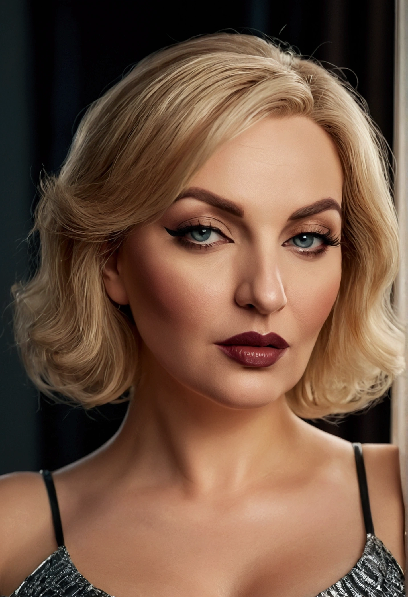 female older woman,do ramion  krótkie blonde hair, curvy figure, full lips, large seductive pose, detailed face and eyes, dramatic lighting, photorealistic, high quality, cinematic, elegant, sensual. 