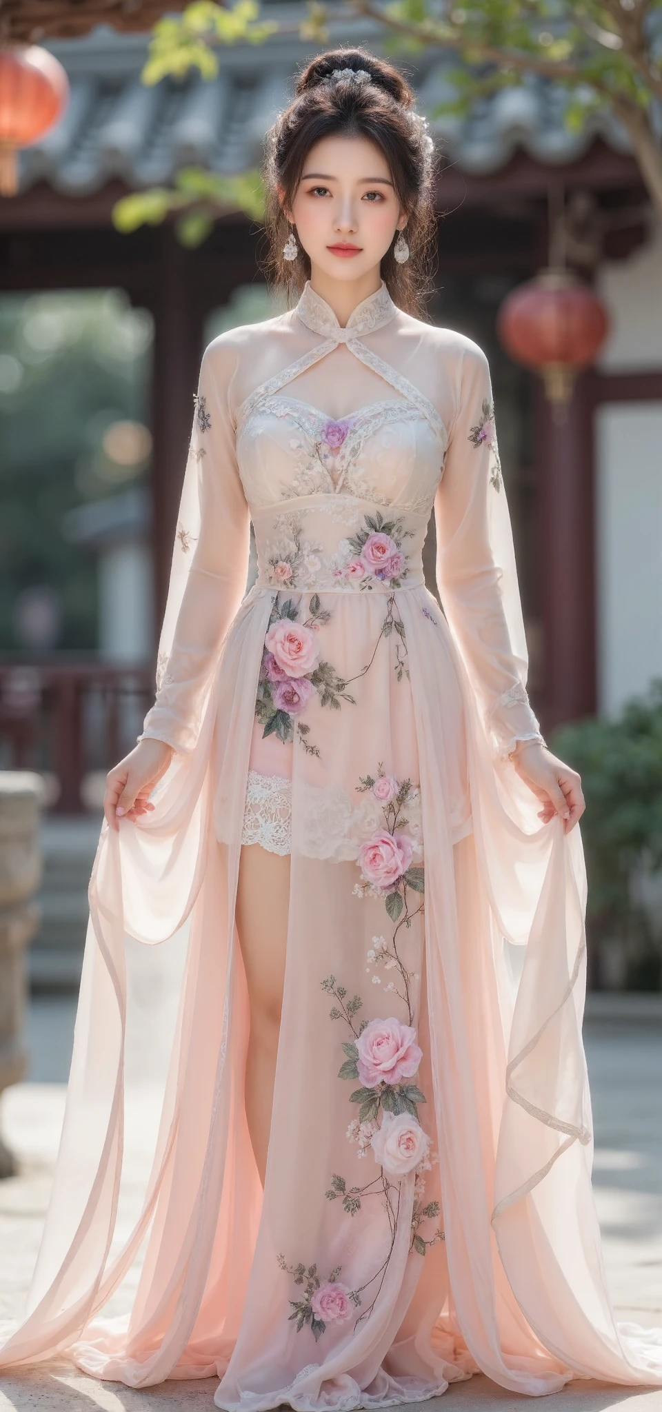 1 Nogizaka Girl 、 Very cute、 beautiful girl 、19 years old、(chinese princess fashion)、 Beautiful Face , Fine Details of Eyes and Skin 、 Dark Shiny Hair 、 Elegant Ruffles 、荷叶边tie、tie、Rose Hair Accessory 、(Smiling at the camera)、(European Sea)、Professional lighting、rest、(Practical、Photoreal:1.37)、8k、(masterpiece)、( Best Quality :1.4)、( ultra high resolution:1.2)、 (RAW photo:1.2)、(Delicate lace、Soft fabric、 Beautiful white Rose Patterned Dress)、 perfect anatomy 、 4 Fingers and 1 Thumb 、chinese garden background、(Wallpaper by Unity 8k), full-body, slim legs visible, standing, sweet smile, pink and purple