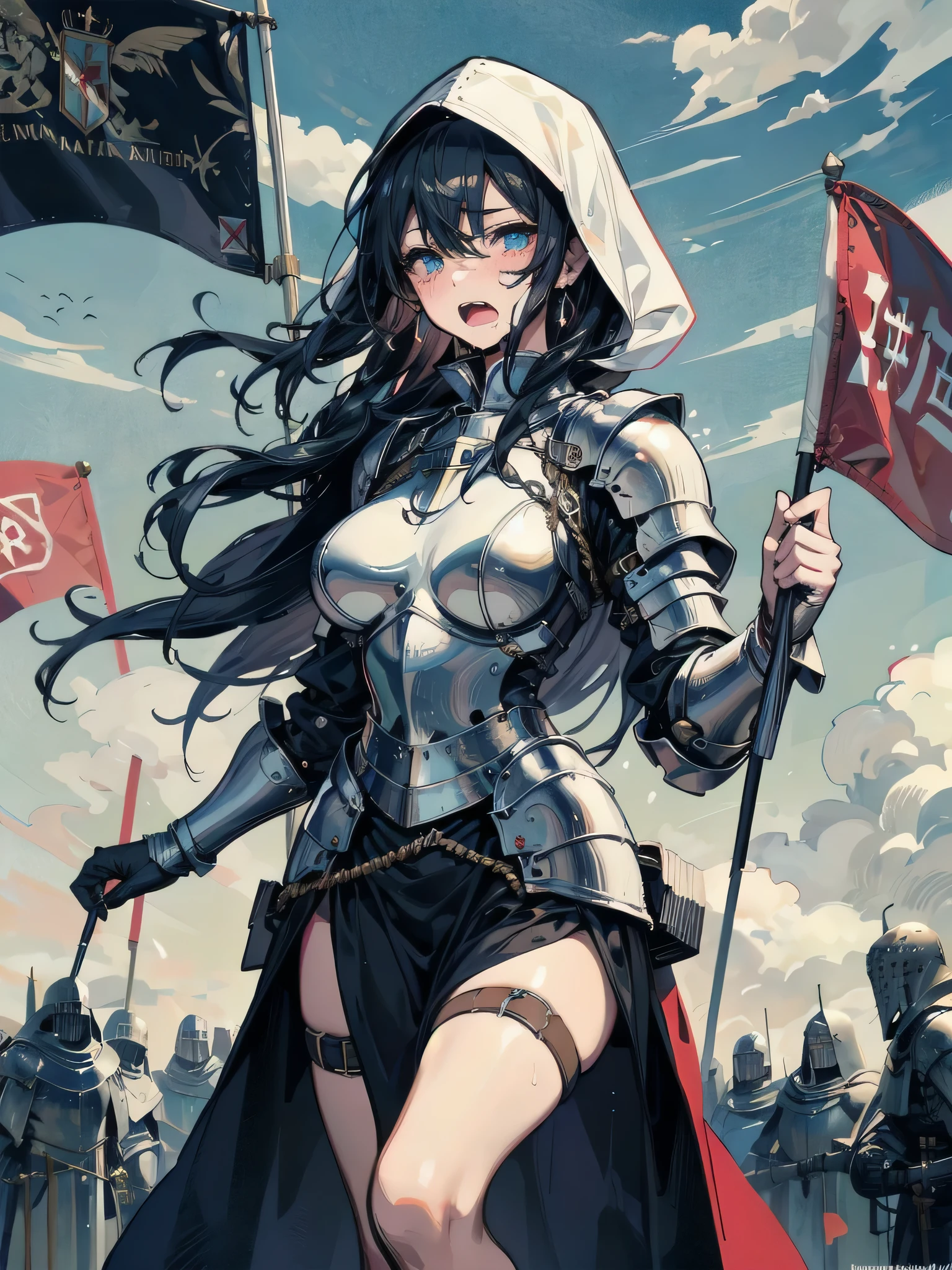 （Positive focus），（Dark night：1），（Highest quality），（Faithfulness：1），movie record，Realistic skin texture，Very detailed，8k wallpaper，Volumetric Lighting，Dynamic Lighting，One person girl，Long black hair，Horse tail，Black metal armor，red waistband，Black Armor，scapula，Waist Guard，Handguard，Wearing a veil，Hold a long sword in front of you，Ancient Chinese Wind，Combat Stance，Lots of blood，Bloodstained face，Torn clothes，Battlefields of Ancient China，A group of ancient soldiers were chased and killed，Arrows fly，There is a lot of war，night，Dramatic composition，Around the sword，The picture is clear in detail，expensive，Cinema Lighting，（No：1.5）， Cleavage close-up， masterpiece， Highest quality， RAW Photos， Realistically， face， Unbelievably ridiculous resolution， Depth of written boundary， High resolution， Super detailed， Fine details， Very detailed， Very detailed目とface， Sharp pupils， Realistic students， Get into sharp focus， Cinema Lighting,The shoulders have exposed skin,The navel is exposed,The thighs of the legs are exposed,Sniper,A sharp sniper&#39;s eye,Tomboy beautiful girl,Her appearance is unparalleled in beauty.,Thin and lean body type,skinny,Small breasts,Flat Chest,Small breasts,Narrow waist,Thin pelvis,Thin legs,Thin legs,,Small Hips,Morning sun and strong sunlight,City of Flames,Remains,