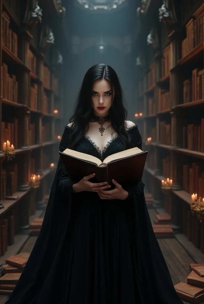 (From a natural photo abstract art: 1.7) An attractive 2 Italian model woman with long straight black hair magically (comes out of an open book, hovering just above the pages: 1.5) into a 3D world.  Be, (in the background of a giant open book :1.6) fog in an old mystical library.  The book is One Thousand and One Nights.  Dressed in a red cape, a sexy traditional dress, shiny fabric, defined chest curve.  Attractive body.  and great. Big breast