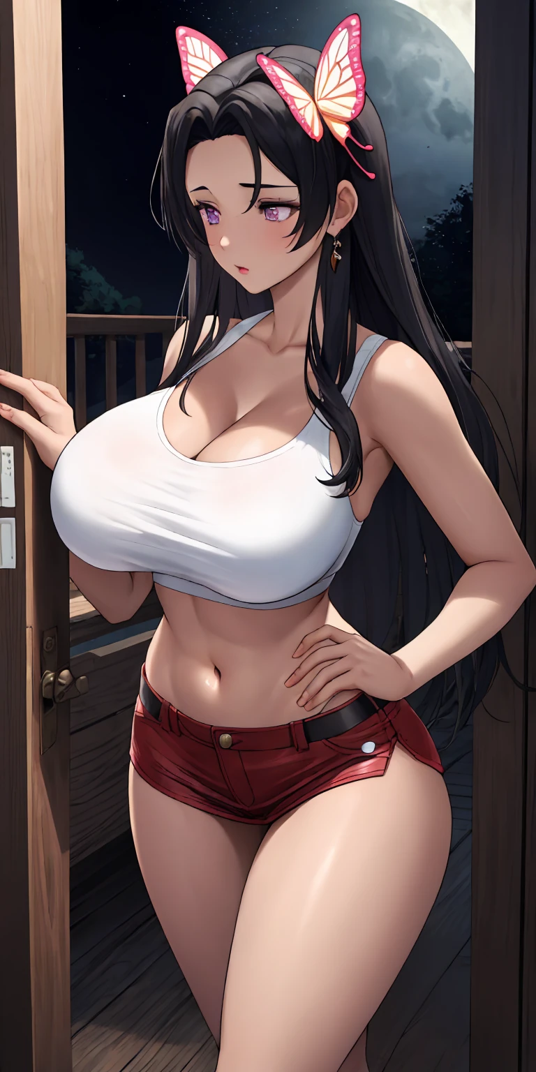 masterpiece, best quality, extremely detail 8k cg, high resolution, 1girl, solo, mature female, kochou kanae, butterfly hair ornament, parted bangs, hair intakes, black hair, violet eyes, tan skin, jewelry, big boobs, gigantic breasts, round breasts, cleavage, miniskirt, croptop, navel, thighs, shiny thighs, night time, moonlight, indoors, beautiful face, looking away, medium full shot