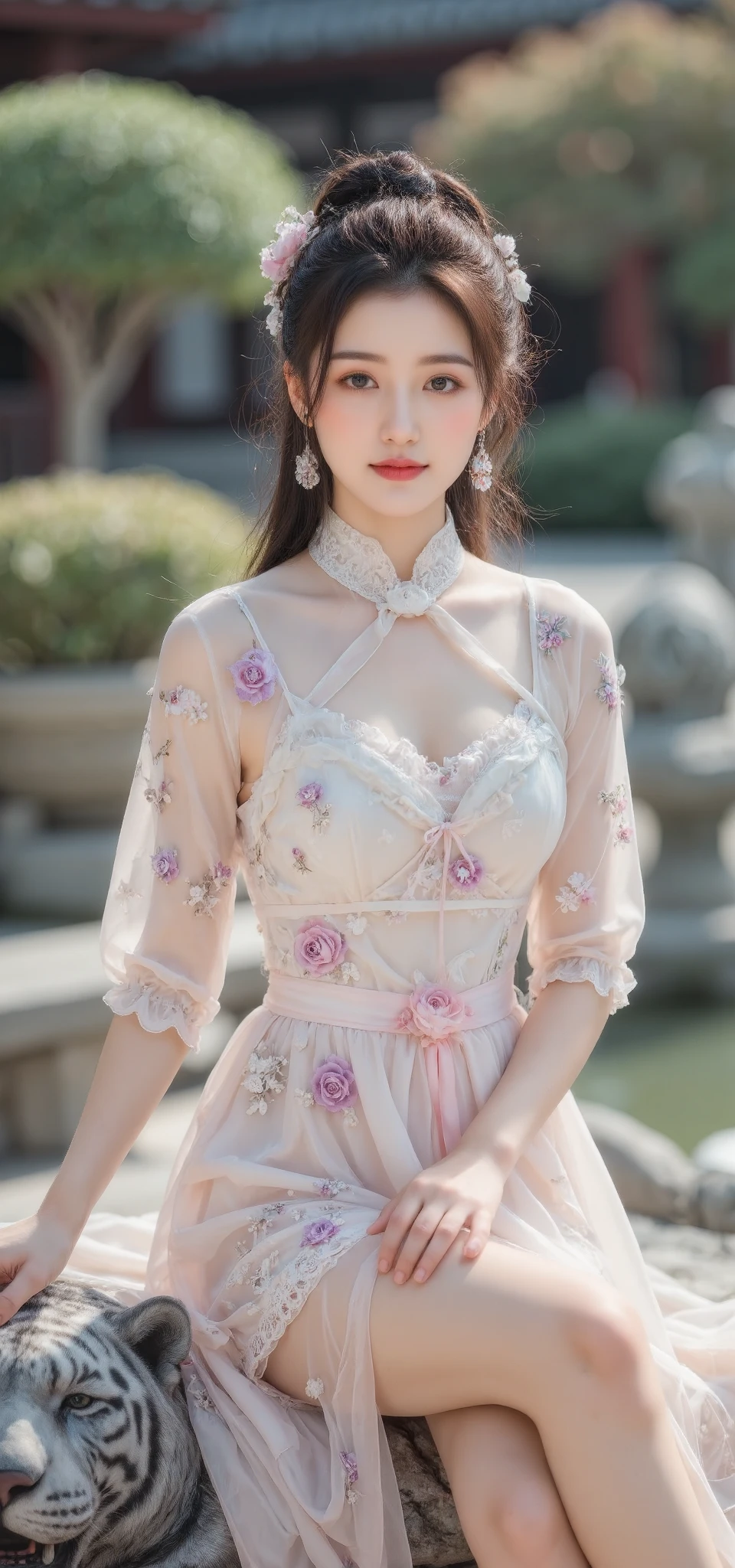 1 Nogizaka Girl 、 Very cute、 beautiful girl 、19 years old、(chinese princess fashion)、 Beautiful Face , Fine Details of Eyes and Skin 、 Dark Shiny Hair 、 Elegant Ruffles 、荷叶边tie、tie、Rose Hair Accessory 、(Smiling at the camera)、(European Sea)、Professional lighting、rest、(Practical、Photoreal:1.37)、8k、(masterpiece)、( Best Quality :1.4)、( ultra high resolution:1.2)、 (RAW photo:1.2)、(Delicate lace、Soft fabric、 Beautiful white Rose Patterned Dress)、 perfect anatomy 、 4 Fingers and 1 Thumb 、chinese garden background、(Wallpaper by Unity 8k), full-body, slim legs visible, sweet smile, pink and purple, sitting on a sleeping tiger stone statue