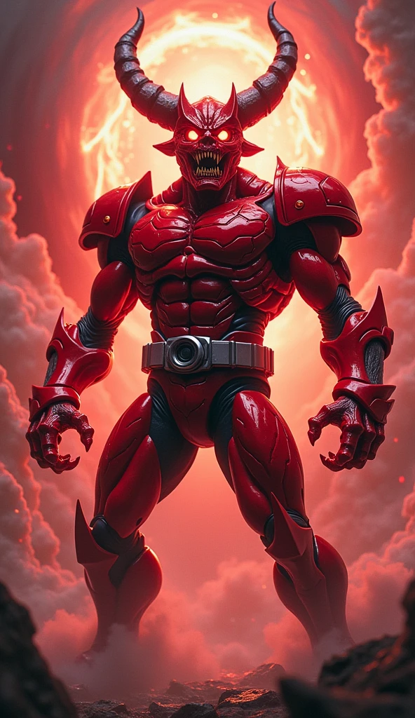 Male, monster, red lantern, red skin, high-tech body armor, black accents, logo, sharp teeth, muscular, tall, sharp nails, black pants, red bracelets and boots, fire aura,