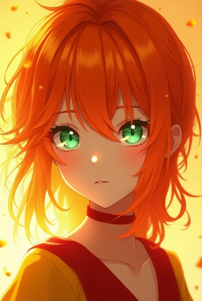 Anime girl with green eyes orange hair and fire colored clothes - SeaArt AI