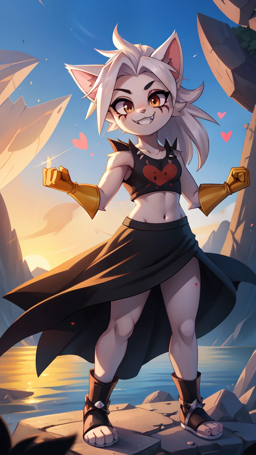 score_9,score_8_up,score_7_up, source_cartoon, source_furry, cat, Furry girl, cat girl, white hair, long messy hair, brown eyes, detailed body fur, "makeup, black eyeshadows", ((black tank top with red broken heart print, spiked shoulder armor, midriff, long black dress skirt, yellow gloves, toeless footwear)), small breasts, masterpiece, looking at you, fangs, white body fur, detailed face, big eyebrows, detailed eyes, pink nose, detailed body, detailed body fur, detailed hands, flat body, glistering body, shiny body, skinny, perfect lighting, perfect shadows, perfect eyes, perfect hair, perfect face, gorgeous body, solo, grin, float islands, clear sky, motion blur, full body, feets with three toes, DND style, BREAK, 