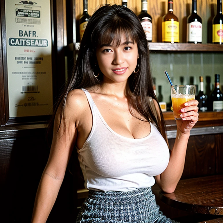 (top-quality,masterpiece,ultra high res,8K,Photorealsitic,raw photo,beautiful face,detailed skin,detailed face,detailed eyes,Realistic Skin,Realistic breasts),asian Woman,(she is wearing sleeveless shirt:1.3),(tall height, statuesque:1.4),(Hold a  glass),black hair,(straight hair:1.3),Earrings,flirty smile,(huge breasts:1.4),(pencil skirt),(Woman sitting at a bar counter:1.3),(cowboy shot),