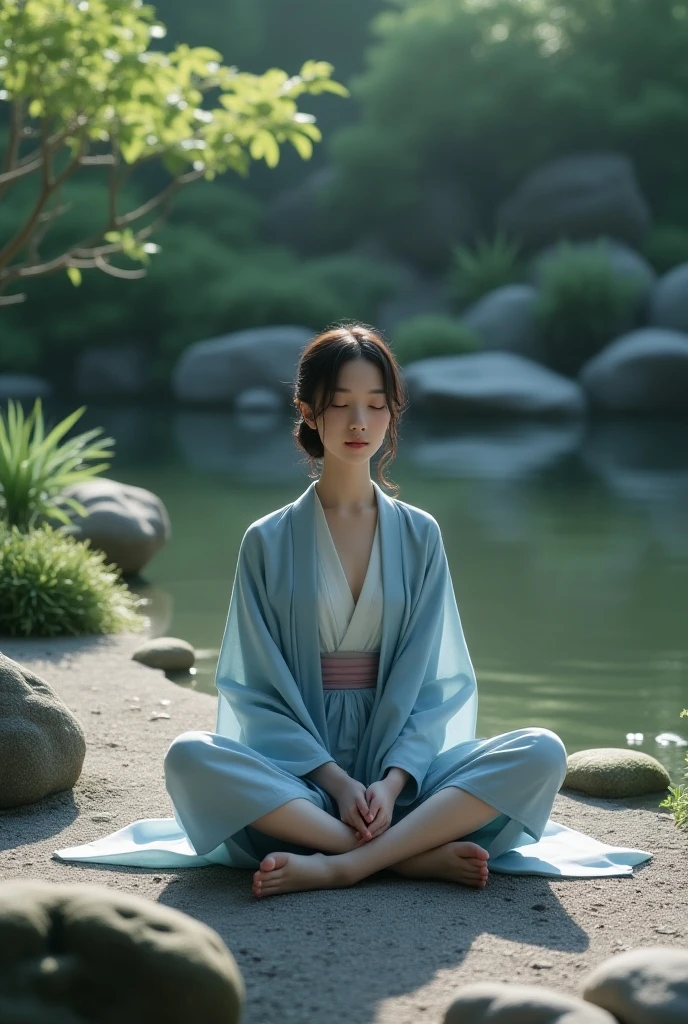 Mysterious beautiful woman meditating in nature。Black Hair