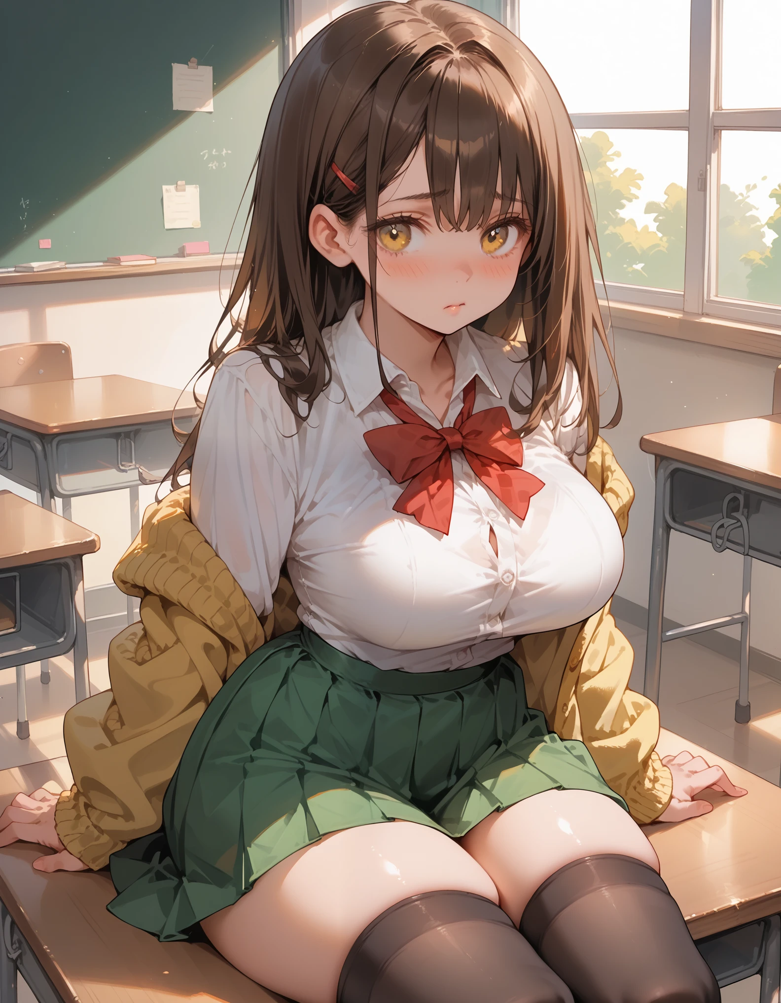 A  girl with brown hair, amber eyes, big breasts, thick thighs, white blouse, yellow cardigan, black stockings, green skirt, red ribbon, high school girl, sitting on desk, classroom, warm light, afternoon, shy gaze, adorable