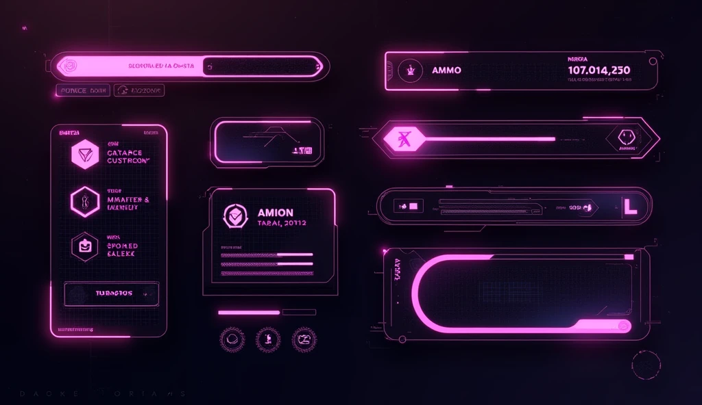 Create futuristic, glowing interface elements such as health bars, ammo counters, and minimalistic menus with a dark purple and black theme. Add neon outlines and subtle grid patterns for a high-tech, sleek look