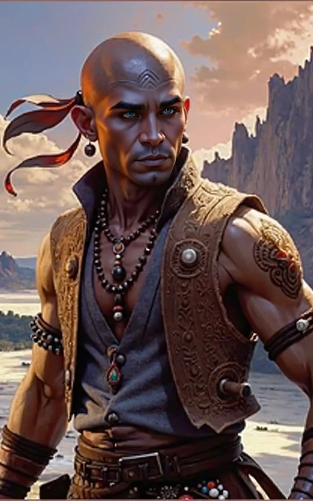soldier, fantasy, dynamic lighting, fantasy art, high detail, dramatic lighting, forest, bokeh, strong, bloody, scarred body, aggressive face, (((torn rags ))), (((pants))), scars, bald head, dirty,bust,yellow eyes