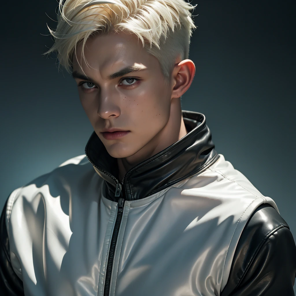 (Best Quality,4k,8k,High resolution,masterpiece:1.2),ultra detailed,sharp focus,(realist,photorealist,fotorrealista:1.37),Fotorrealist, low lighting, alone, Young man, 22 years, Pale skin, Model (skinny:1.3), (short layered platinum blonde hair:1.5), (black leather jacket:1.3), gothic punk clothing, incubus, sexy, (CNTX neon letters:1.4), strip club lighting, very detailed face bdsm background,extremely detailed facial features,hyper realist skin texture,extremely fine details,intricate details,
detailed eyes,detailed nose,detailed lips,Detailed facial expressions,intricate facial anatomy,intense lighting,dramatic lighting,lighting change,cinematic lighting,chiaroscuro lighting,dramatic shadows,dramatic moments,vivid colors,intense colours,Deep contrast,cinematic depth of field,cinematographic composition,cinematic camera angle