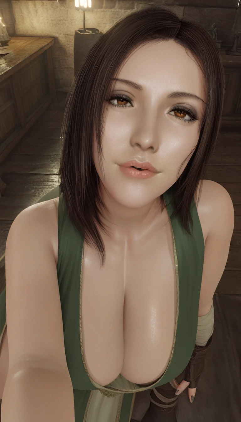 masterpiece, highest quality, highest resolution, distinct_image, detailed details) , 1 girl , 20's , young person , ( large breasts and large hips ), (attractive body, attractive face and attractive expressions and attractive eyes and attractive lips ) , ( soft hair and soft skin ) , one black mole on left eye , soft lips , black eyeshadow , black makeup ,  brown eyes , brown hair ,black lips , black fingernails , attractive women , attractive girl , big bright eyes , gold ring , ring , on campfire   , dark souls 2 , emerald herald  , green hood , dress , heels , fingerless gloves , cleavage , opening center  , 1 person , 