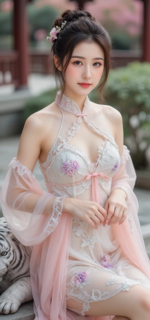 A woman wears sexy transparent platinum low-cut lace armor,Close-up of holding a lotus flower in his hand, Head ornament, Violet necklace, Emerald belt , Toned abs, a beautiful fantasy empress, ((a beautiful fantasy empress)), Beautiful celestial mage, Beautiful character painting, full-body xianxia, Portrait Chevaliers du Zodiaque Fille, by Yang J, G Liulian art style, Fantasy art style, foreshortening,