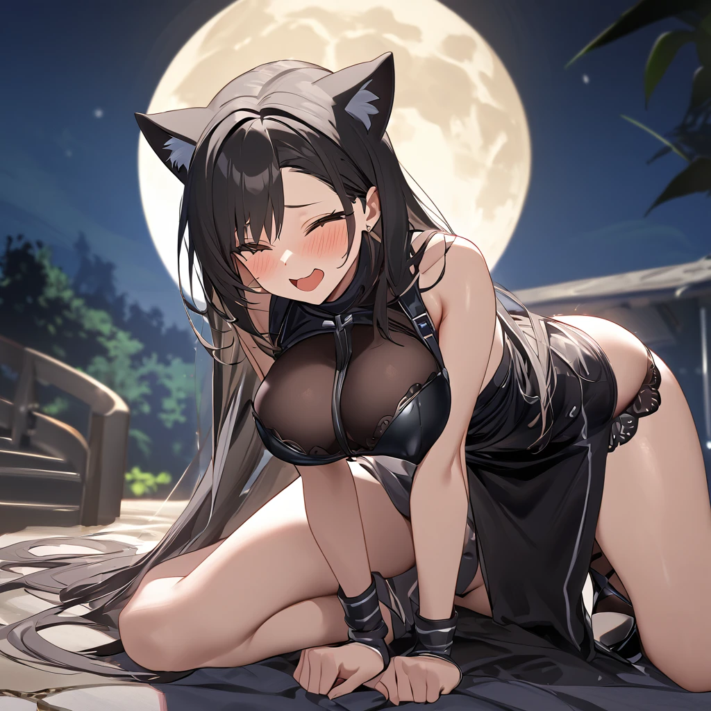  one girl playing pranks , masterpiece, Best Quality,  Tifa Lockhart、 Hi-Res、(Pitch black park:1.5)、Lie down on a stone staircase、(Sexy Cat Cosplay:1.5)、Big Breasts、 black high heels、full moon、Cat Pose