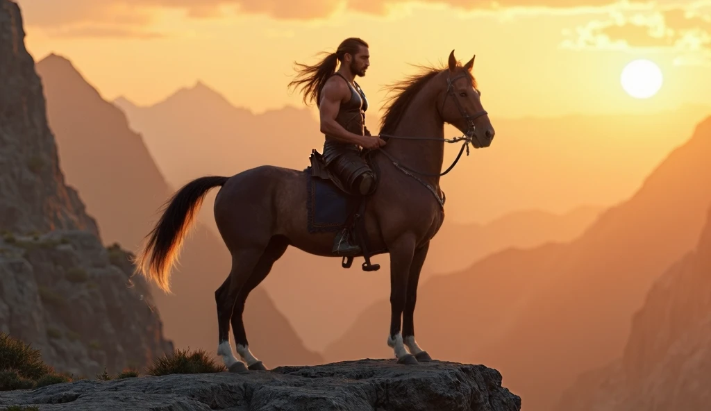 Create a highly detailed, cinematic image of a strong, muscular warrior with long hair tied into a bun and a mustache. He is wearing a traditional warrior outfit, including a leather chest plate and arm bands. The warrior is standing on the beach during sunset, facing a large black horse. The horse and the warrior are close, with their foreheads touching in an intimate, respectful moment. The warrior is holding the horse's reins gently, while his other hand rests on the hilt of a sheathed sword at his side. The background showcases a calm ocean with soft waves, bathed in the warm hues of an orange-pink sunset.