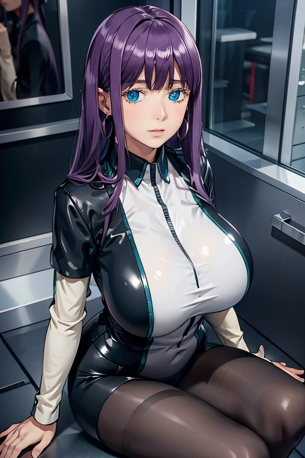 ((plump breasts)), ((1 girl)), (jambes grasses), ((shiny pantyhose)), ((glossy pantyhose)), (((assise))), ((side view)), earrings, ((outdoor cybercity)), ((perfect hands)), (finely detailed eyes and detailed face:1.3), (extremely fine and beautiful:1.1), (Perfect details:1.1), ((no cleavage)), Mira Suou, World's end harem, purple hair, blue eyes, white eyelashes, dress, detached sleeves, black pantyhose