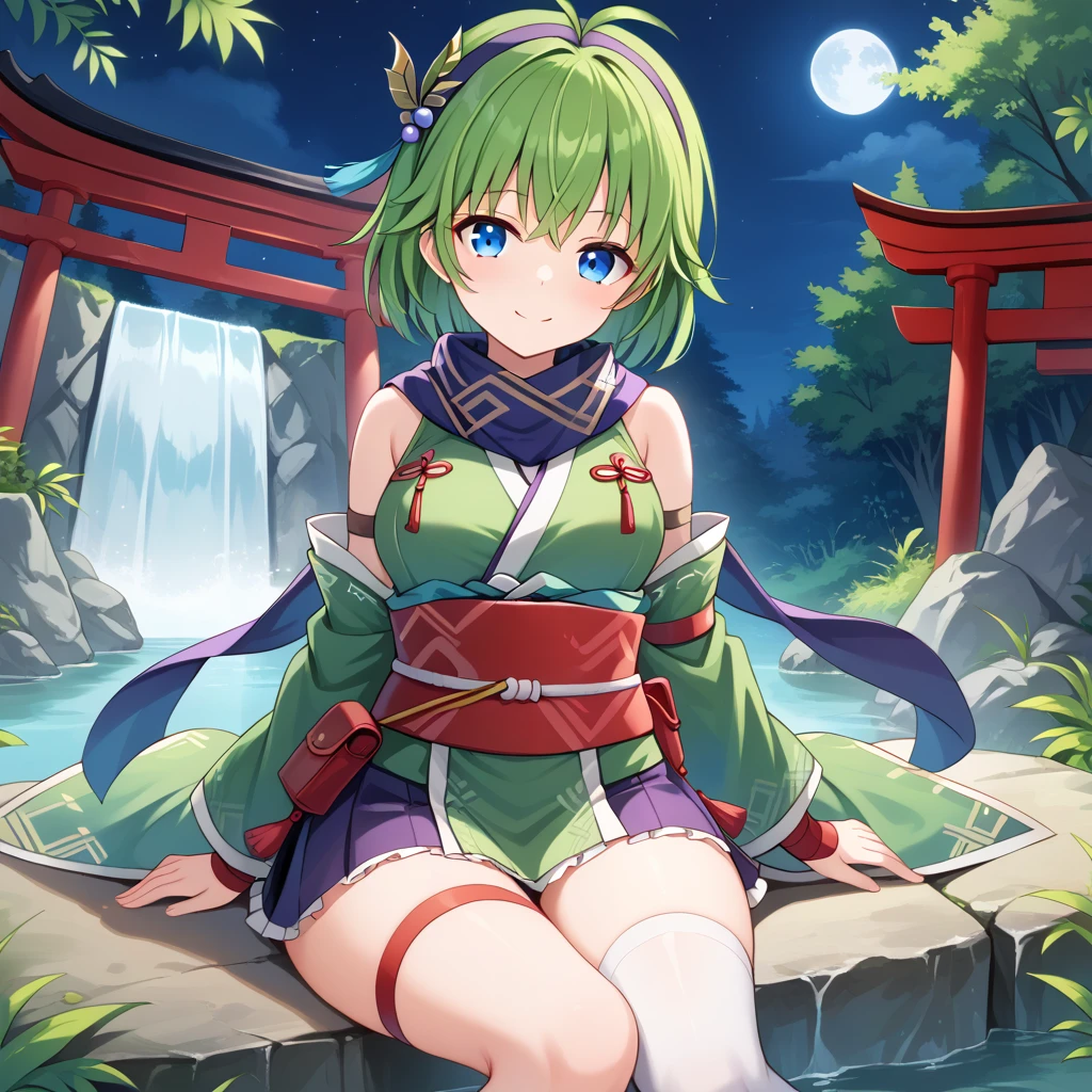 score_9, score_8_up

(masterpiece), best quality, expressive eyes, perfect face, perfect thighs, perfect anatomy, perfect breasts, perfect eyes, medium breasts, perfect thighs, perfect hips,

ninoss, blue eyes, green hair, short hair, antenna hair, purple hairband, hair ornament, forest background, night sky, moon, light wind, 


ninja clotches, shinobi clothes, shinobi kozoku, short skirt kimono, green kimono, sleveless top, mini skirt, Headwear, blue scarf, Waist Cummerbund, Belt, Shorts, Socks, Legwear, Arm belt, Bracers, Bandage, Belt, waterfall, sitting, smile, looking at viewer, shrine temple