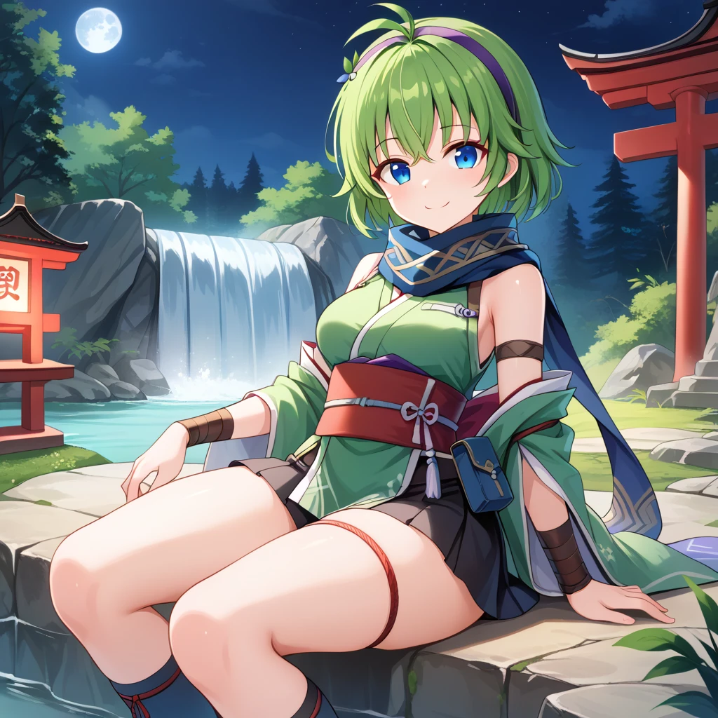 score_9, score_8_up

(masterpiece), best quality, expressive eyes, perfect face, perfect thighs, perfect anatomy, perfect breasts, perfect eyes, medium breasts, perfect thighs, perfect hips,

ninoss, blue eyes, green hair, short hair, antenna hair, purple hairband, hair ornament, forest background, night sky, moon, light wind, 


ninja clotches, shinobi clothes, shinobi kozoku, short skirt kimono, green kimono, sleveless top, mini skirt, Headwear, blue scarf, Waist Cummerbund, Belt, Shorts, Socks, Legwear, Arm belt, Bracers, Bandage, Belt, waterfall, sitting, smile, looking at viewer, shrine temple