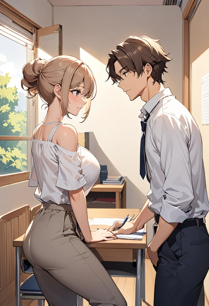 adult female 1 ,  Male student's extracurricular class scene . Small room, table,  Clean and tidy style , Tidy clothes ,  Comfortable blouse and plain pants ,  short, light brown hair up to the shoulders, Tied hair, big breasts, 