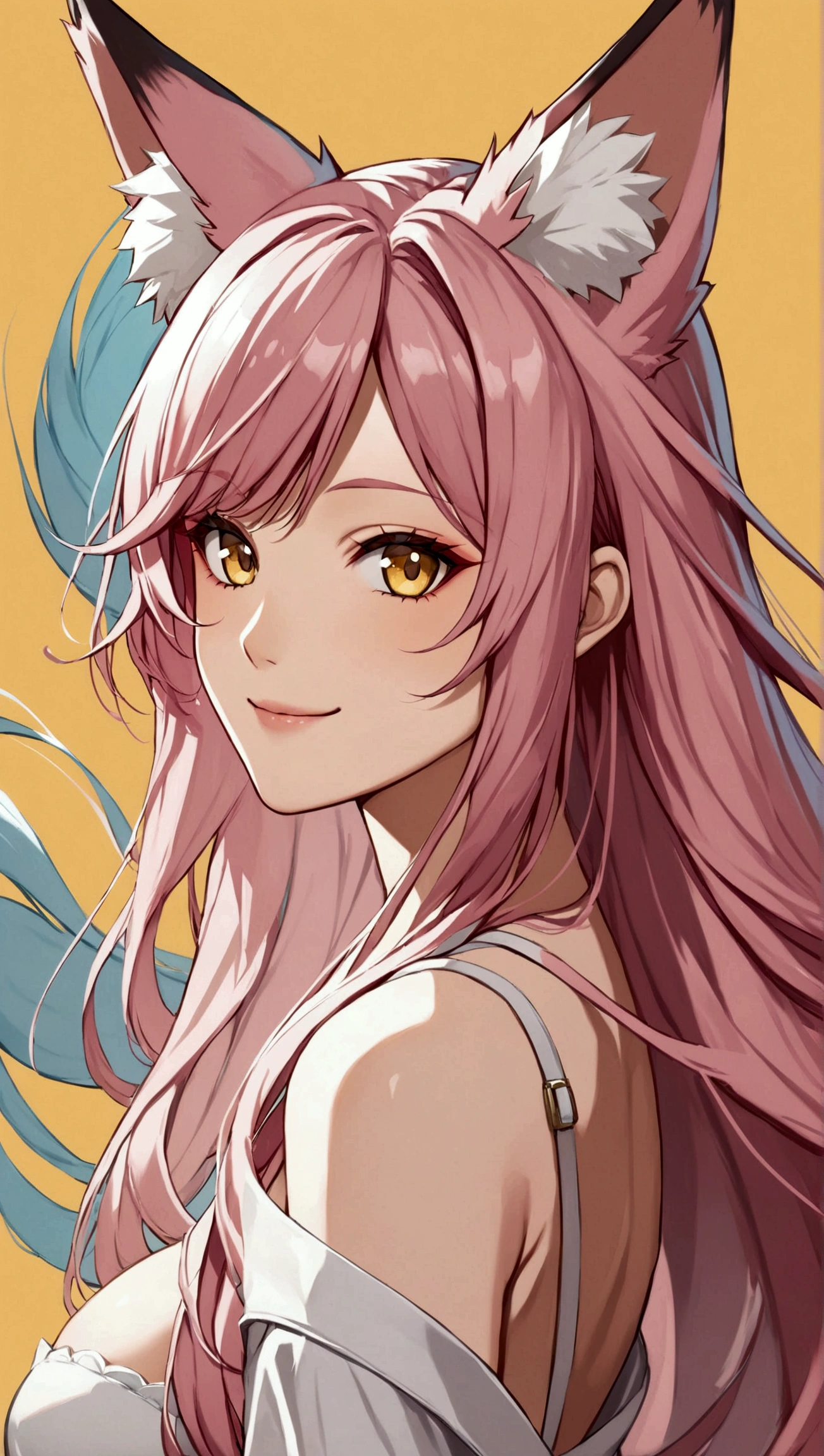 Anime fox woman, yellow eyes, pink hair, Long Hair, Smile, Bangs, High Resolution, Detail, Breasts, Fox Ears, basic background