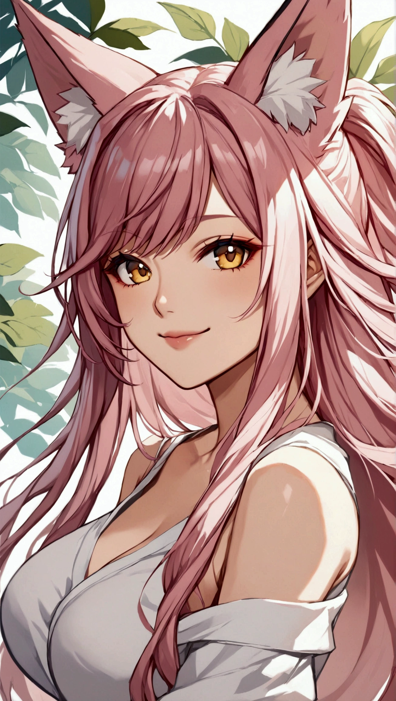 Anime fox woman, yellow eyes, pink hair, Long Hair, Smile, Bangs, High Resolution, Detail, Breasts, Fox Ears, basic background