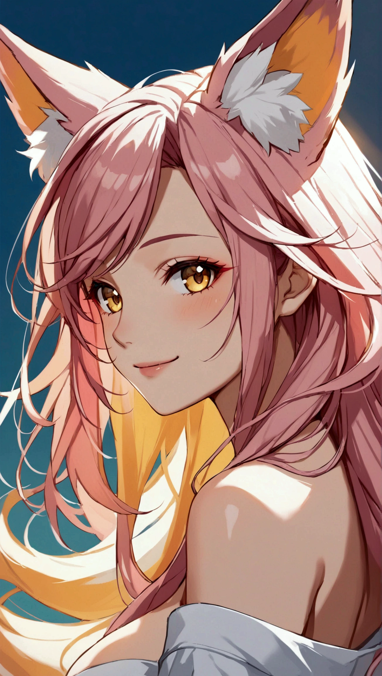 Anime fox woman, yellow eyes, pink hair, Long Hair, Smile, Bangs, High Resolution, Detail, Breasts, Fox Ears, basic background