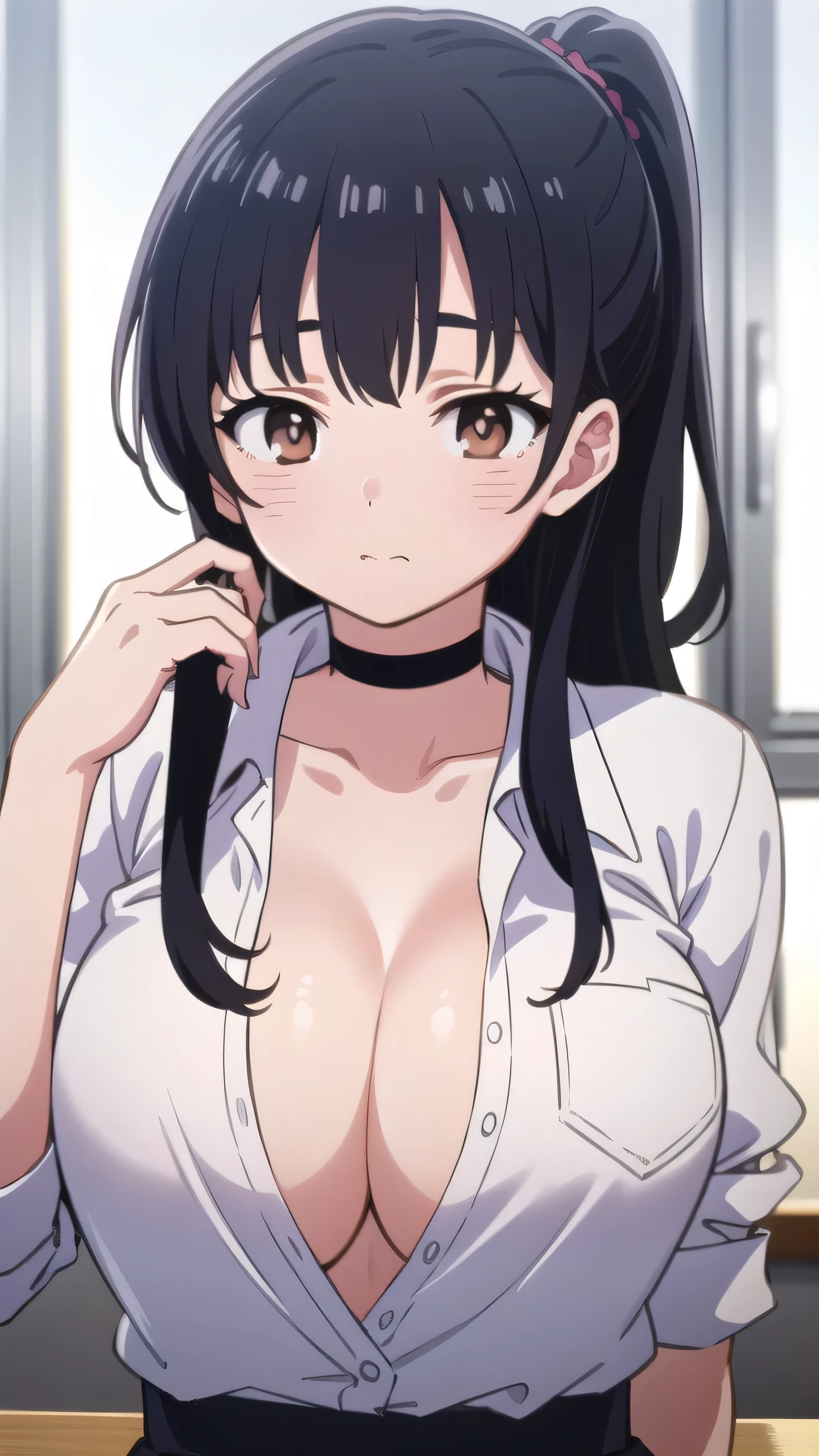 Anna Yamada, One woman, Long Hair, (black hair:1.5), bangs, (Brown eyes:1.3), Sharp Eyes, ponytail, Black choker, shirt, Cleavage, clavicle, Jacket, opened jacket, White shirt, opened shirt, formal, suit, indoors, classroom, looking at viewer, (masterpiece:1.2), highest quality, High resolution, unity 8k wallpaper, (figure:0.8), (Beautiful fine details:1.6), Highly detailed face, Perfect lighting, Highly detailed CG, (Perfect hands, Perfect Anatomy), (Large Breasts:1.5), nipples, exposed , blush, upper body