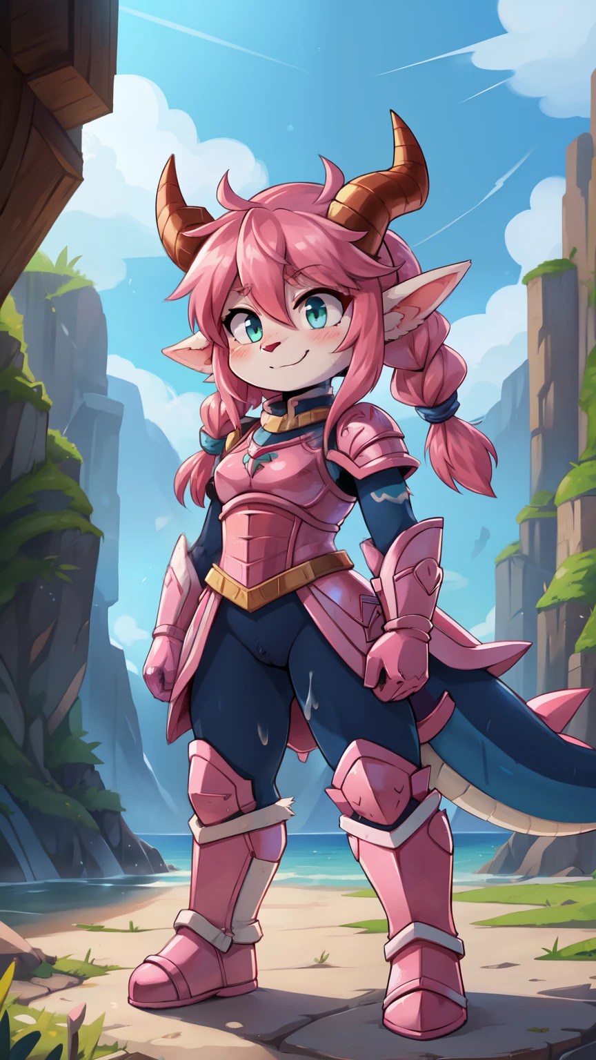 score_9,score_8_up,score_7_up, source_cartoon, source_furry, dragon girl, dragon red horns, green eyes, dragon tail, ((pink hair, messy hair, twintails, drill hair)), animal nose, furry, blush, dragon tail, looking at viewer, smile, dragon horns, pointy ears, furry female, ((two tone body fur, clear blue body fur, white body fur)), ((pink armor chestplate, pink armor gloves, pink armor shoulders, Pink armor)), small breast, full body, feets with three toes, 3 toes, short body, tiny body, motion blur, thick outline, anthropomorphic, countershading, fantasy castle, clear sky, standing, white frackles on face, white frackles on body, DND style, BREAK,