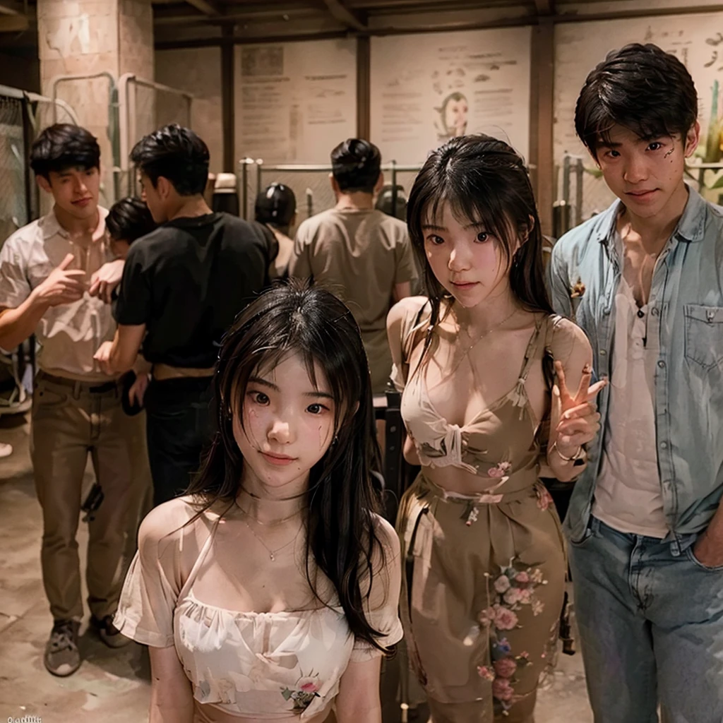 a group of over 8 japanese high school students, boys and girls are mixed, (at night), (everyone smiling), best quality, masterpiece, looking up at the camera, (everyone in their beige underwear), (((girls wearing choker)))