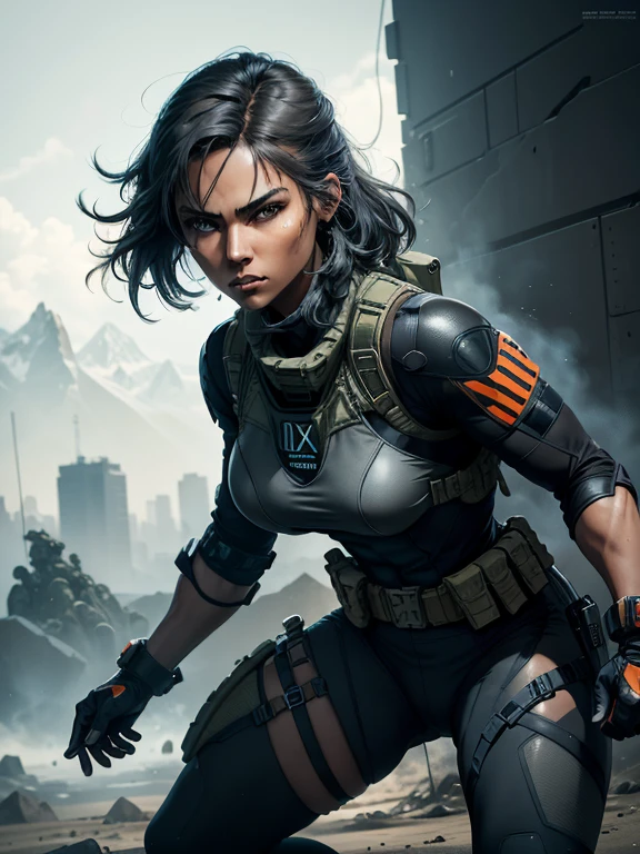 1girl, solo, a woman in her mid-twenties, Mixed race Navajo Latina woman, amber eyes, short black hair, agile and athletic build, (Wearing: Orange Goggles, Fingerless Gloves, gray tactical suit, black bulletproof vest, utility belt, gun holsters), The suit emphasizes her stealth and combat prowess. Stealthy and formidable presence of the character, hyper-realistic rendering to capture every minute detail, showcasing the mastery of digital portrait artistry, ultimate photorealistic quality, highly detailed facial expression showcasing the determination and strategy of the character, subtle hints of high-tech and militaristic elements reflecting the true essence of the Metal Gear Solid universe, vibrant colors with deep gray’s and contrasting cool tones, creating a visually striking and captivating portrait.